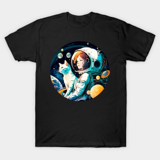 Cat & Girl in Space Fantastic Retro 70s Cat Lovers T-Shirt